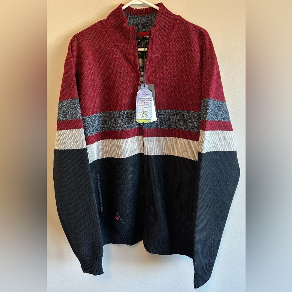 Point Zero Men’s Red & Black Striped Men’s Fleece Zip Up Sweater - Size XL NEW